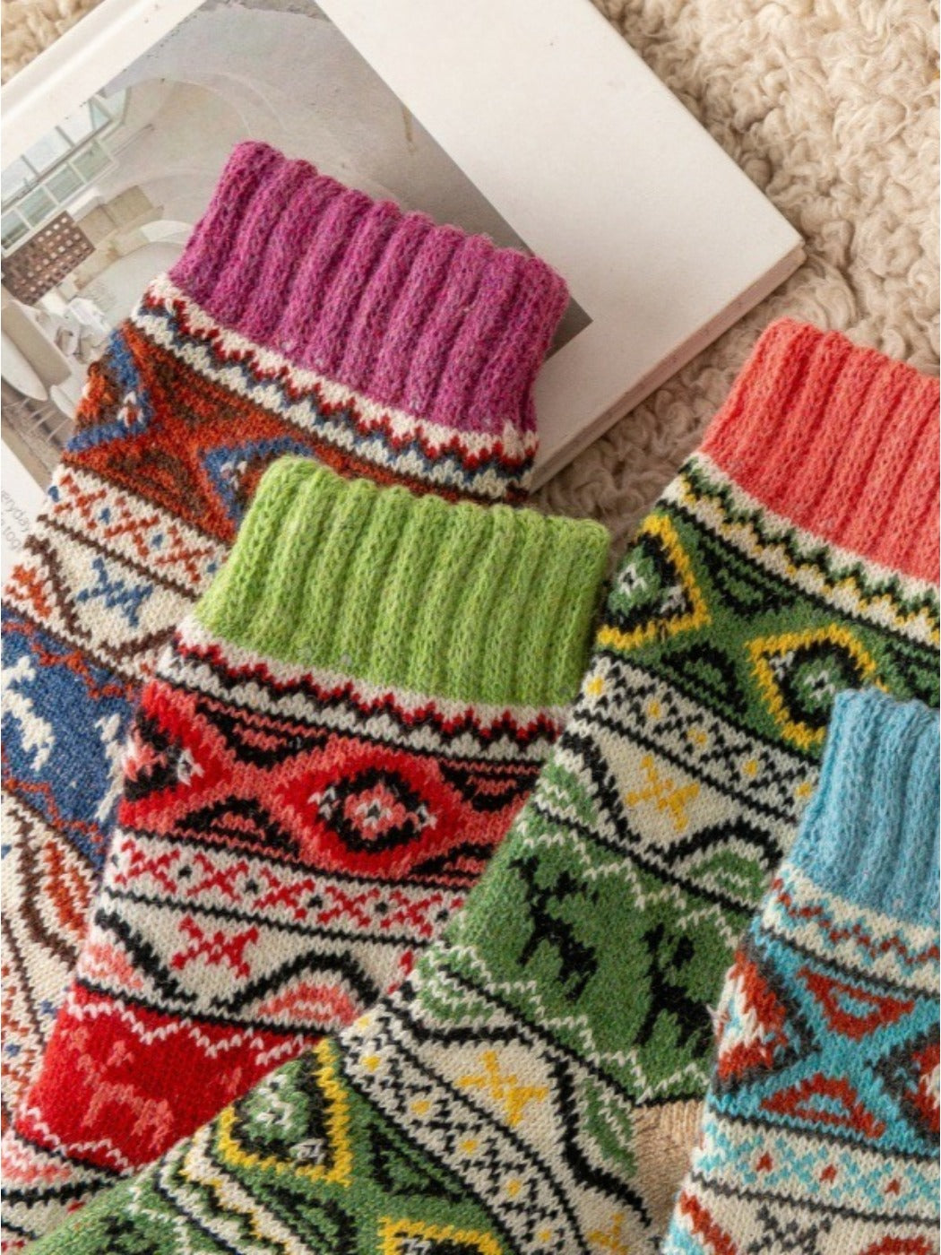 Rufia - Colorful Retro Thick Mid-Calf Winter Socks - 5 Pairs/Pack