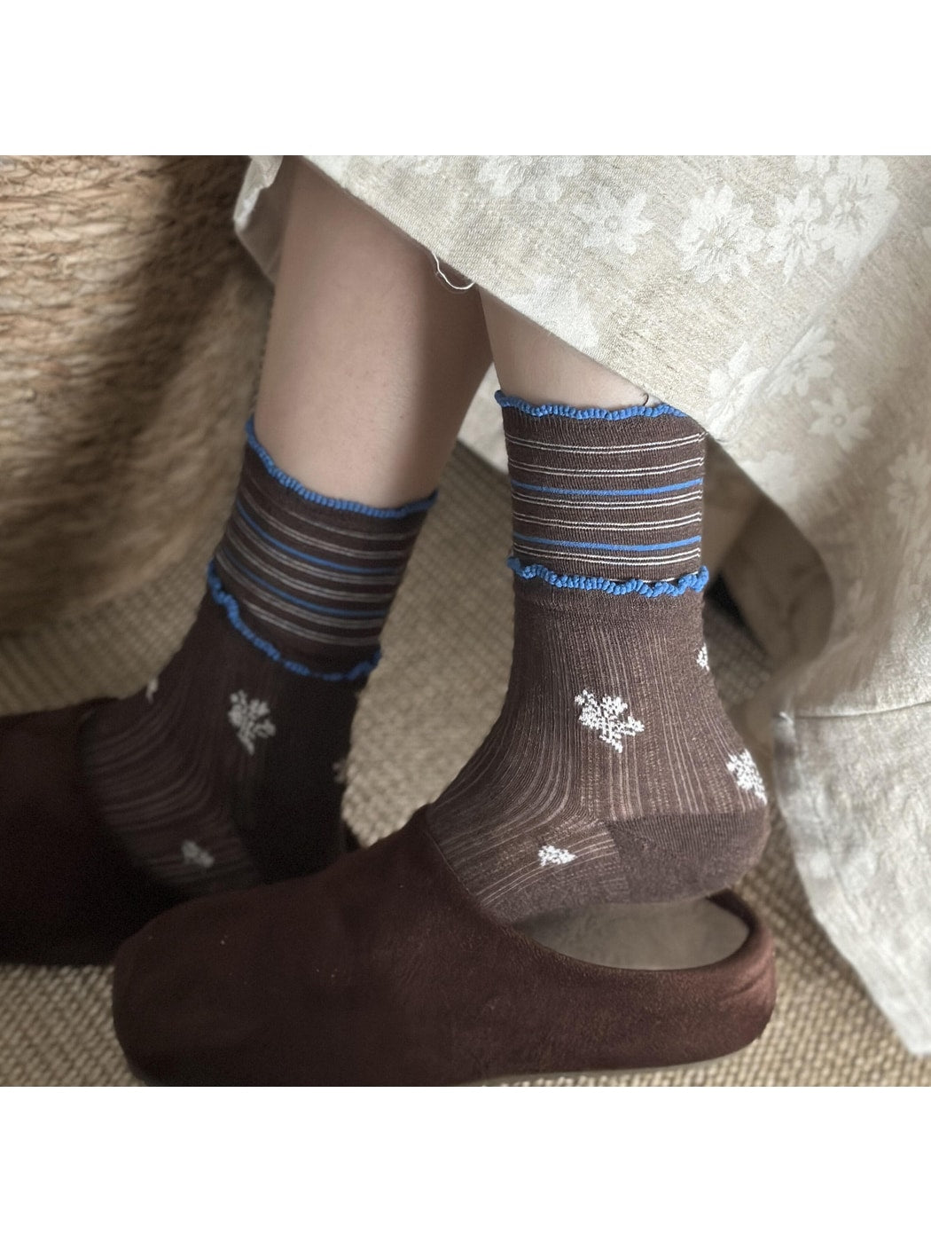 Rufia - Print Ribbed Ruffle Trim Crew Socks