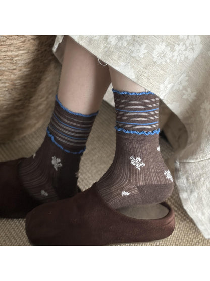 Rufia - Print Ribbed Ruffle Trim Crew Socks