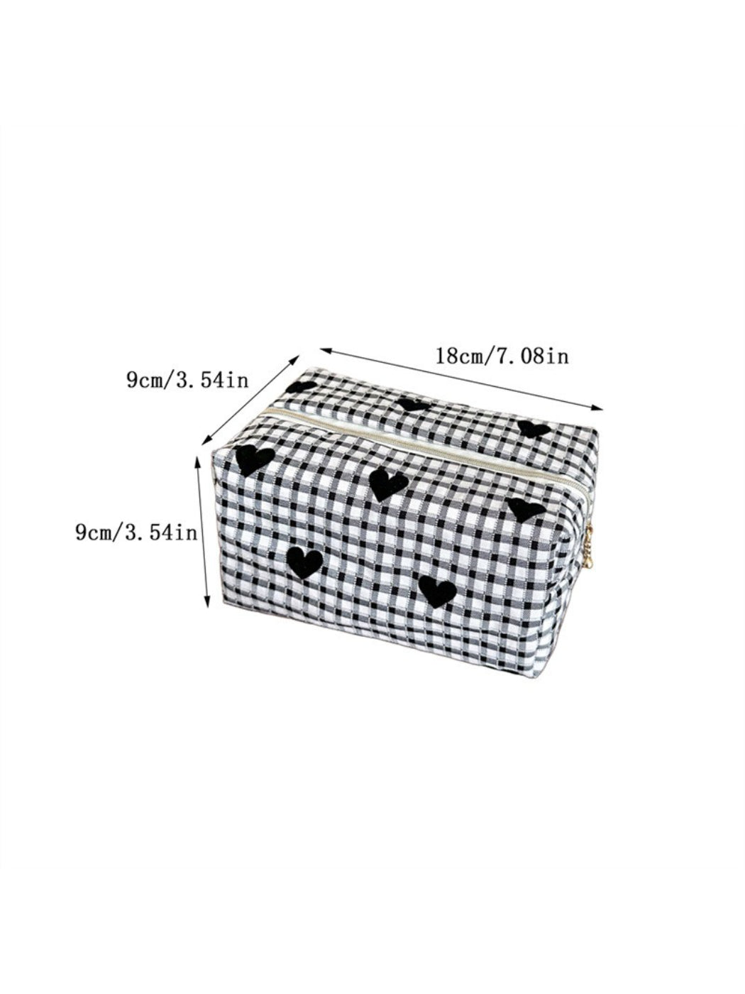 Cosbai makeup bag standing upright displaying heart pattern and compact size