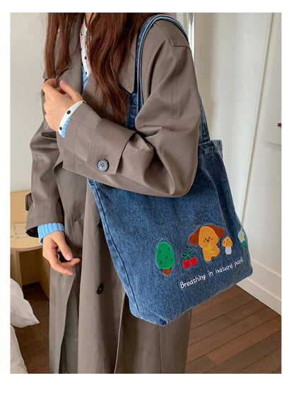 Cosbai - Denim Embroidery Tote Bag for Women