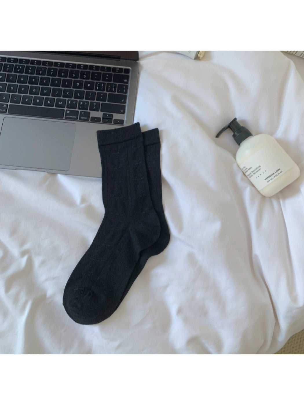 Side view of Rufia Ribbon Stripe Sheer Socks on model's feet