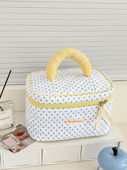 Cosbai polka dot quilted cosmetic case displayed standing upright with pattern visible
