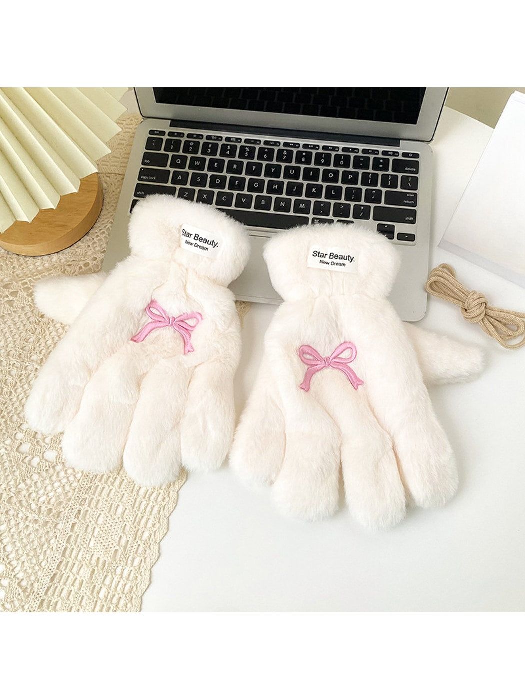 Gloving - Bow Embroidered Plush Winter Gloves