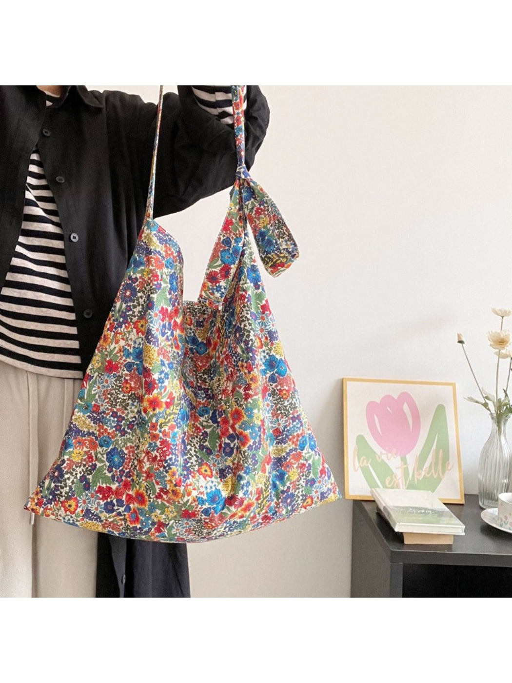 Cosbai colourful floral everyday tote bag with vibrant flower print on fabric