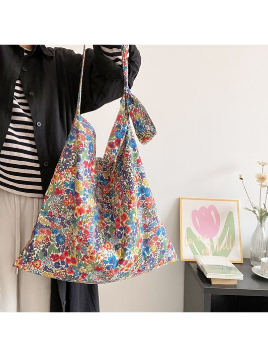 Cosbai colourful floral everyday tote bag with vibrant flower print on fabric