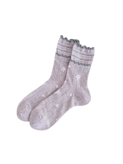 Rufia - Print Ribbed Ruffle Trim Crew Socks