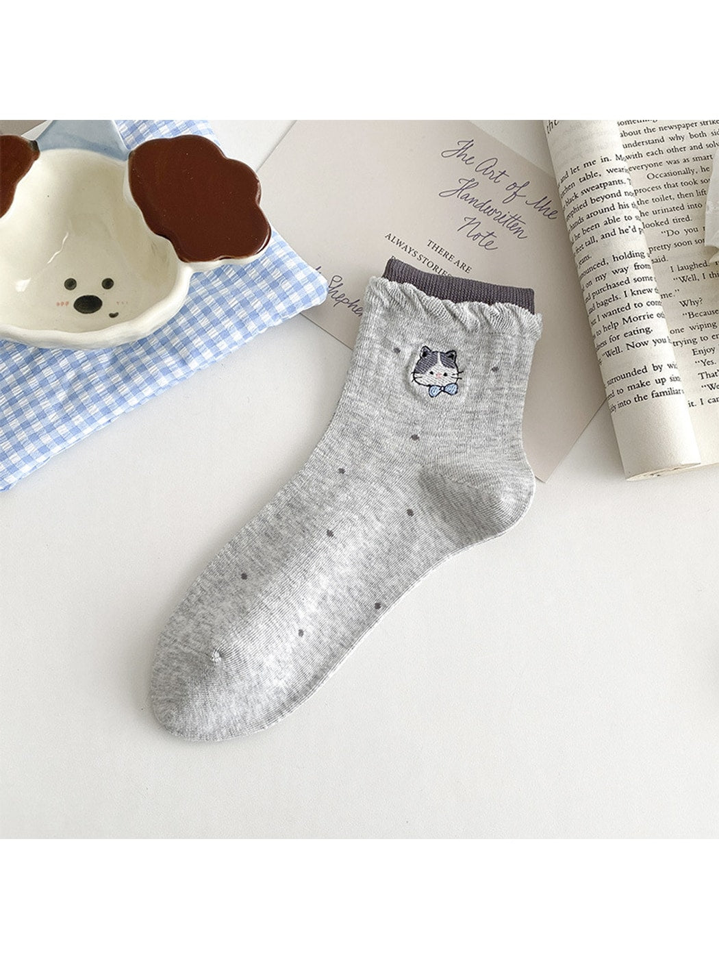 Rufia - Cute Cat Embroidery Polka Dot Ankle Socks