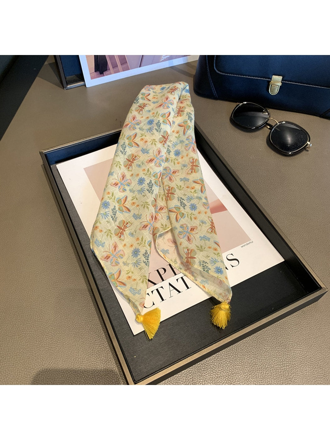Scarvii - Butterfly Floral Print Tassel Square Scarf