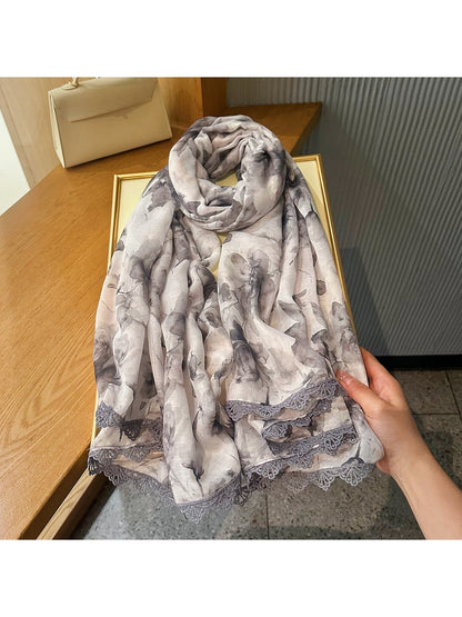 Scarvii - Watercolor Floral Lace Trim Scarf