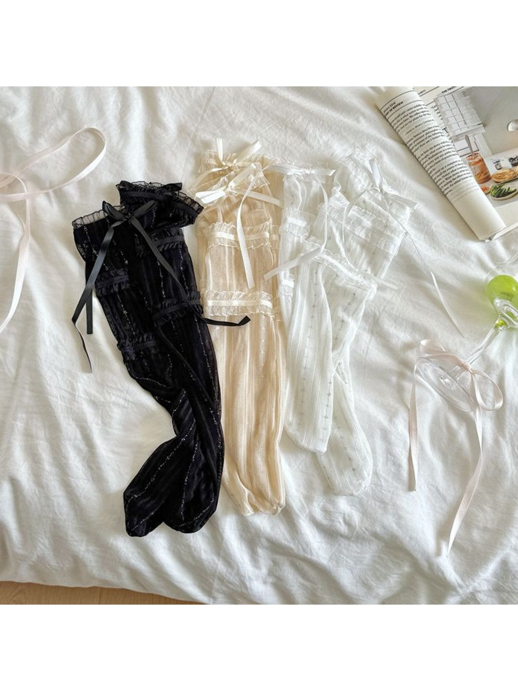 Rufia - Bow Detail Lace Trim Sheer Mid-calf Socks