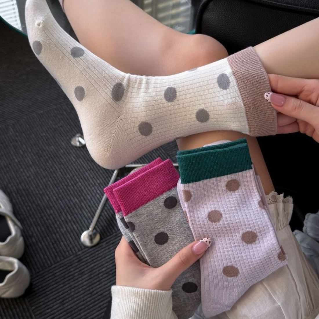 Pair of Rufia Dot Color Block Contrast mid-calf socks displayed side by side