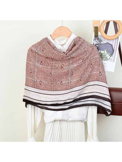 Scarvii - Leaf Print Checked Border Long Scarf