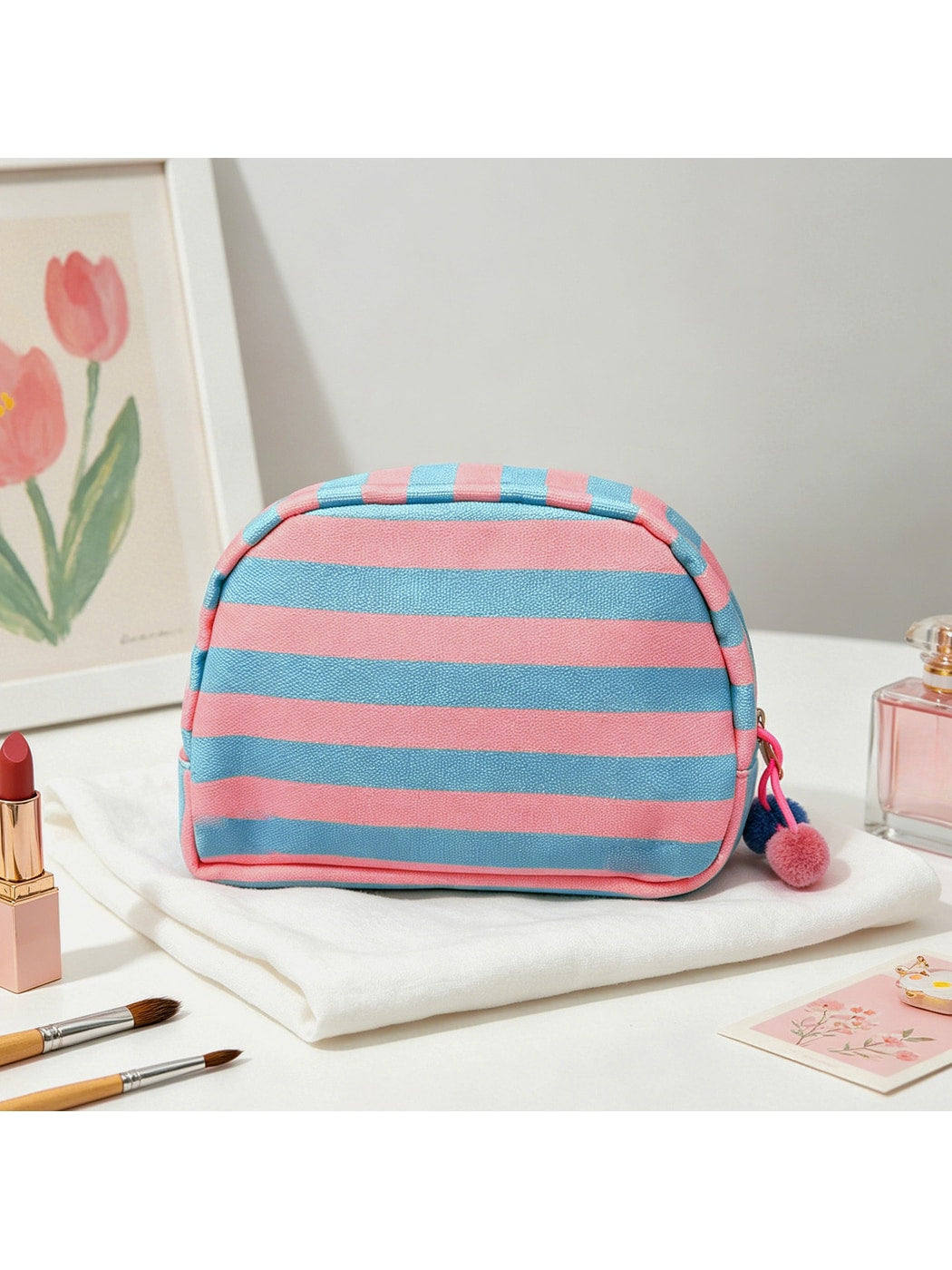 Cosbai - Striped Half-moon Cosmetic Organizer Bag