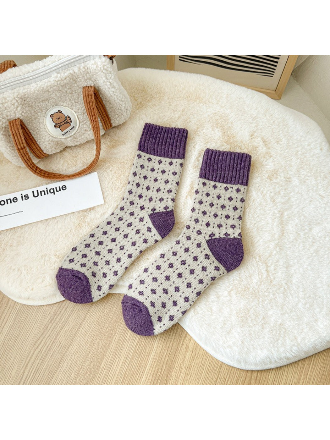 Rufia lavender floral cuff crew socks flat lay