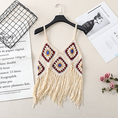 Crosa Bohemian Fringe Tassel Open-Knit Tank Top with knit texture and tassel detail