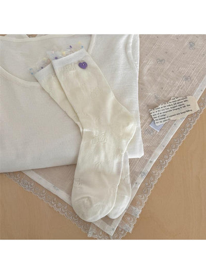 Rufia - Cute Dot Pattern White Crew Socks