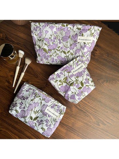 Cosbai - Purple Floral Zipper Cosmetic Organizer Bag