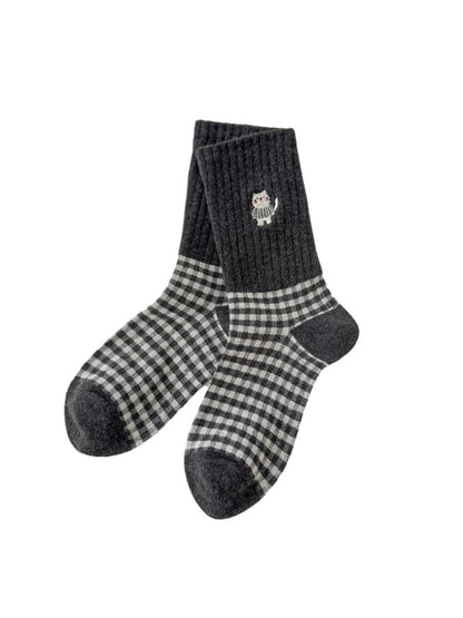 Rufia - Cute Cat Embroidery Plaid Socks for Women