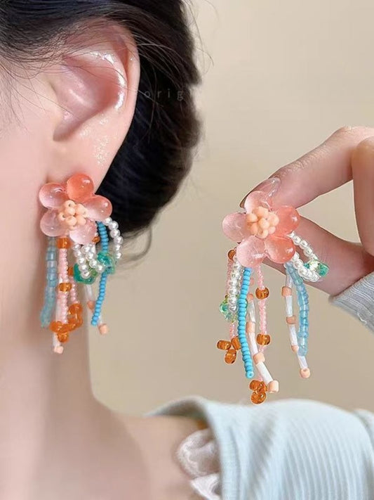Earwish - Colorful Beaded Flower Earrings with Fringe