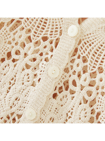 Crosa - Vacation Style V-Neck Hollow Out Knit Cardigan
