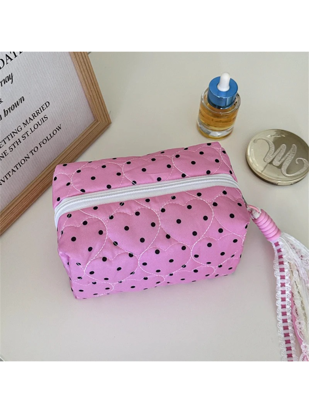 Cosbai - Polka Dot Heart-Quilted Makeup Bag