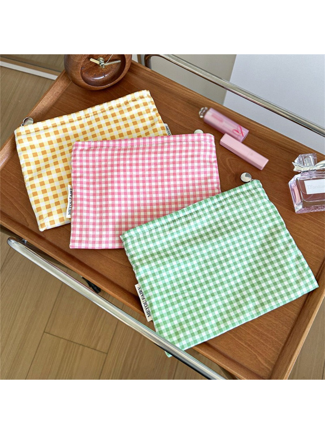 Cosbai Candy Check Makeup Bag with pastel checkered pattern on white background