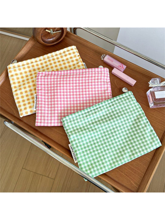 Cosbai Candy Check Makeup Bag with pastel checkered pattern on white background