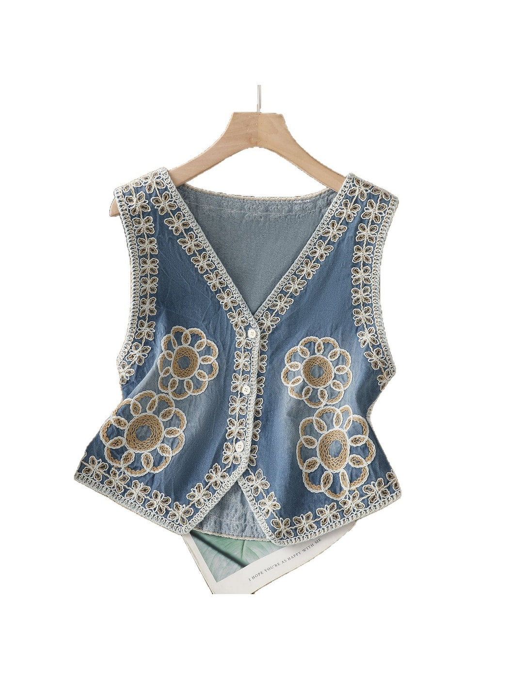 Crosa - Blue Floral Button Front V-Neck Vest Top