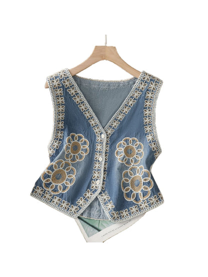 Crosa - Blue Floral Button Front V-Neck Vest Top