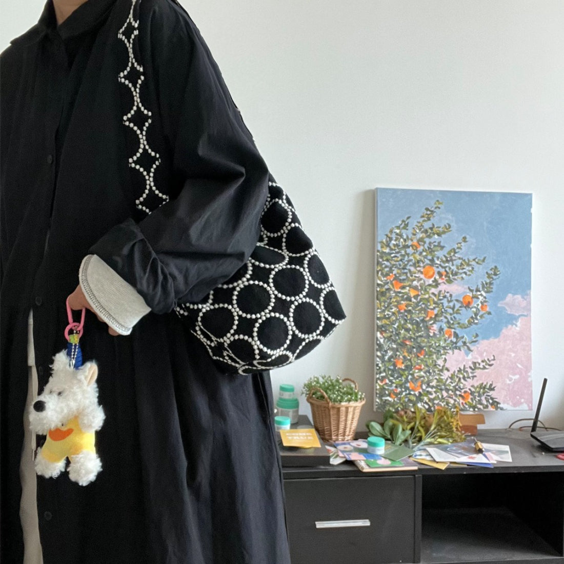 Dot Stitch Embroidered Hobo Bag detail view