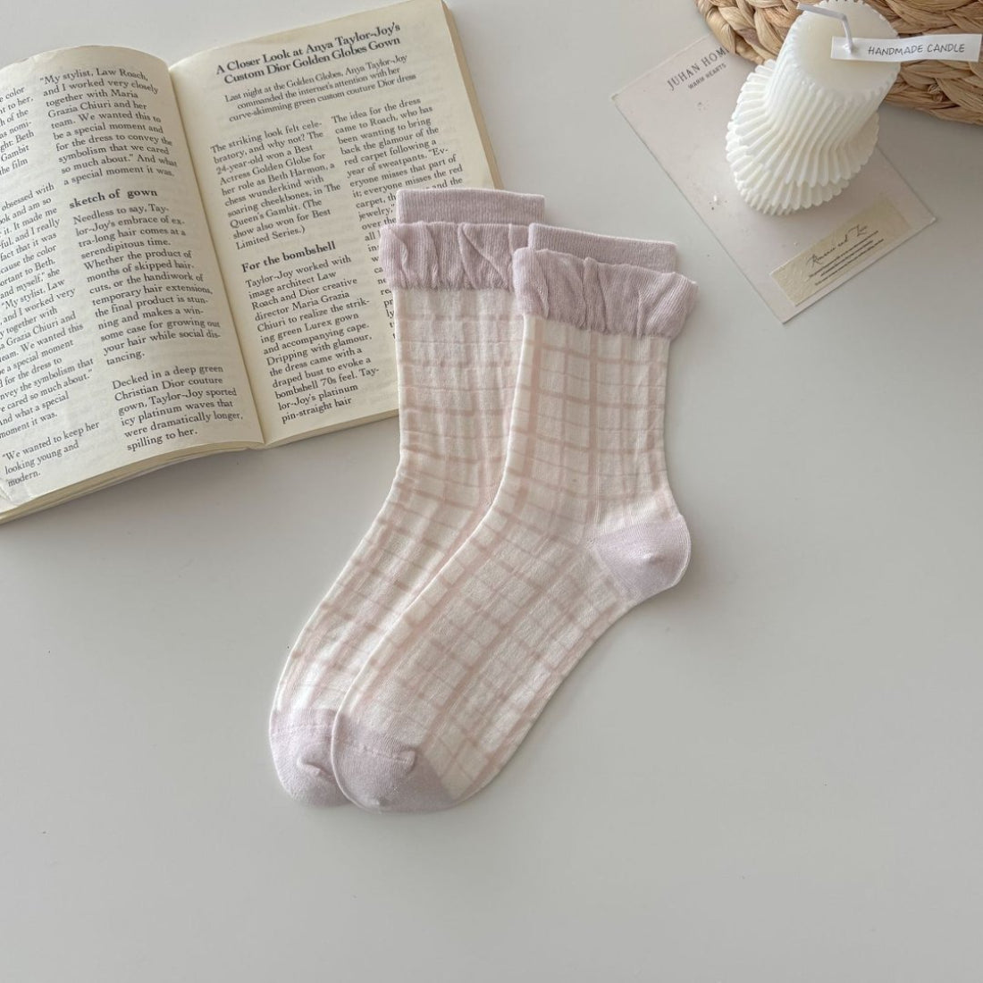 Rufia soft ruffle trim knit crew socks folded neatly with visible knit pattern