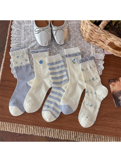 Rufia - Sweet Blue Print Ruffle Crew Socks