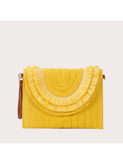 Cosbai woven tassel clutch bag photographed against neutral background