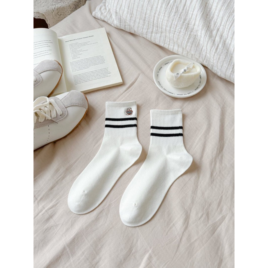 Rufia Mini Motif Stripe Crew Socks packaging with branding and product label