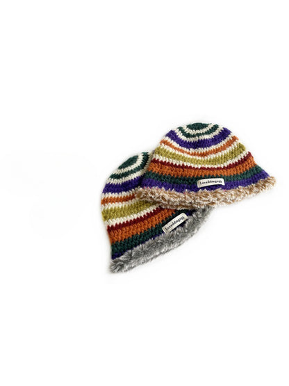 Haila - Retro Stripe Fuzzy Trim Winter Beanie