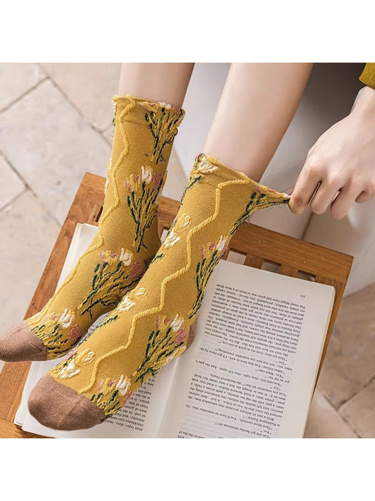 Rufia - Vintage Floral Pattern Colorblock Crew Socks