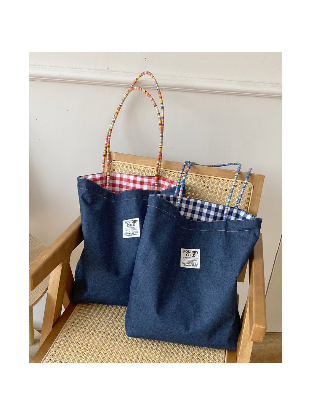 Cosbai – Vintage Denim & Plaid Reversible Tote Bag