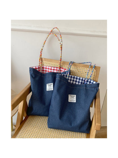 Cosbai – Vintage Denim & Plaid Reversible Tote Bag