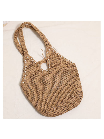 Cosbai - Brown Beaded Detail Woven Tote Bag