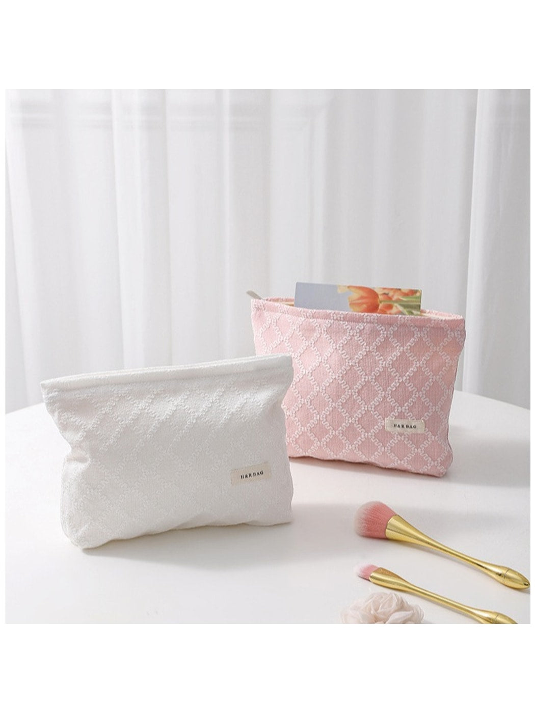 Cosbai - Embossed Square Pattern Zipper Makeup Bag