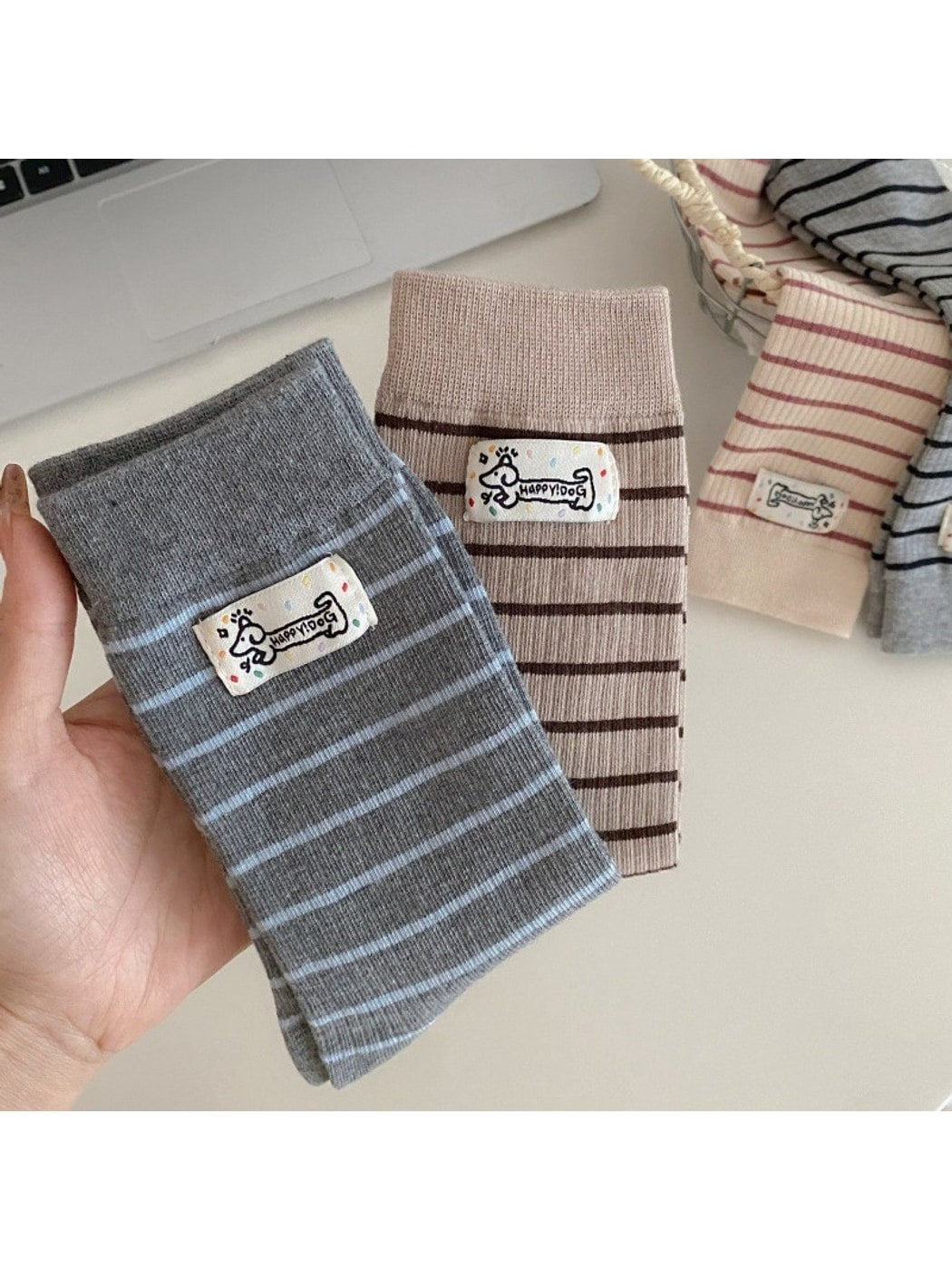 Rufia - Striped Cartoon Puppy Label Casual Crew Socks
