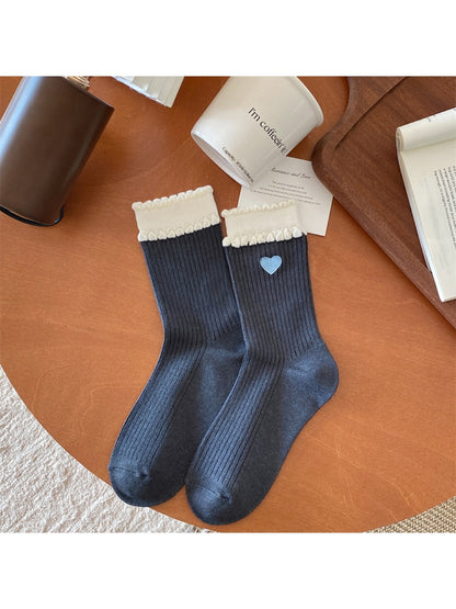 Rufia - Winter Mid-Calf Socks with Bow & Heart Print