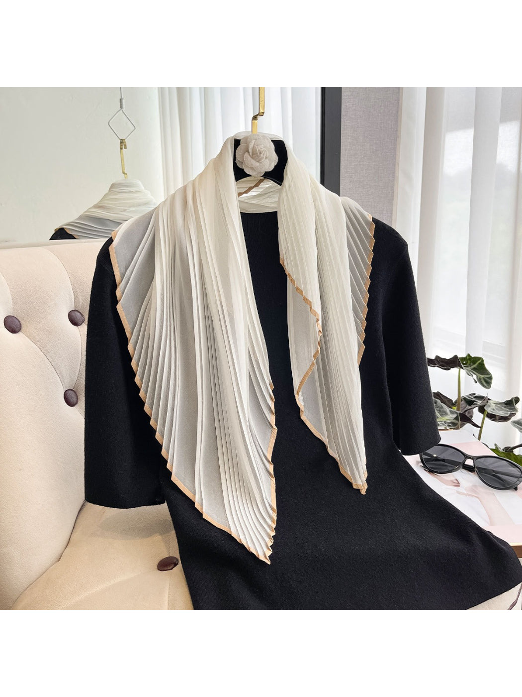 Scarvii - Sheer Pleated Border Trim Scarf