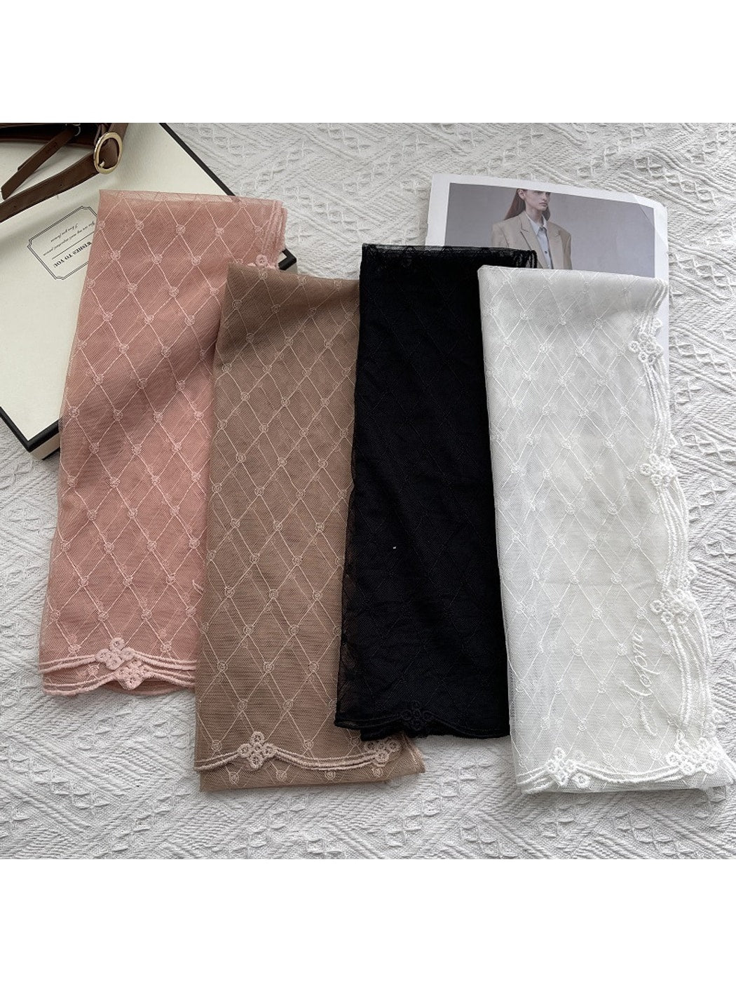 Scarvii - Embroidered Trim Lace Plaid Scarf
