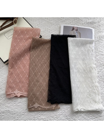 Scarvii - Embroidered Trim Lace Plaid Scarf