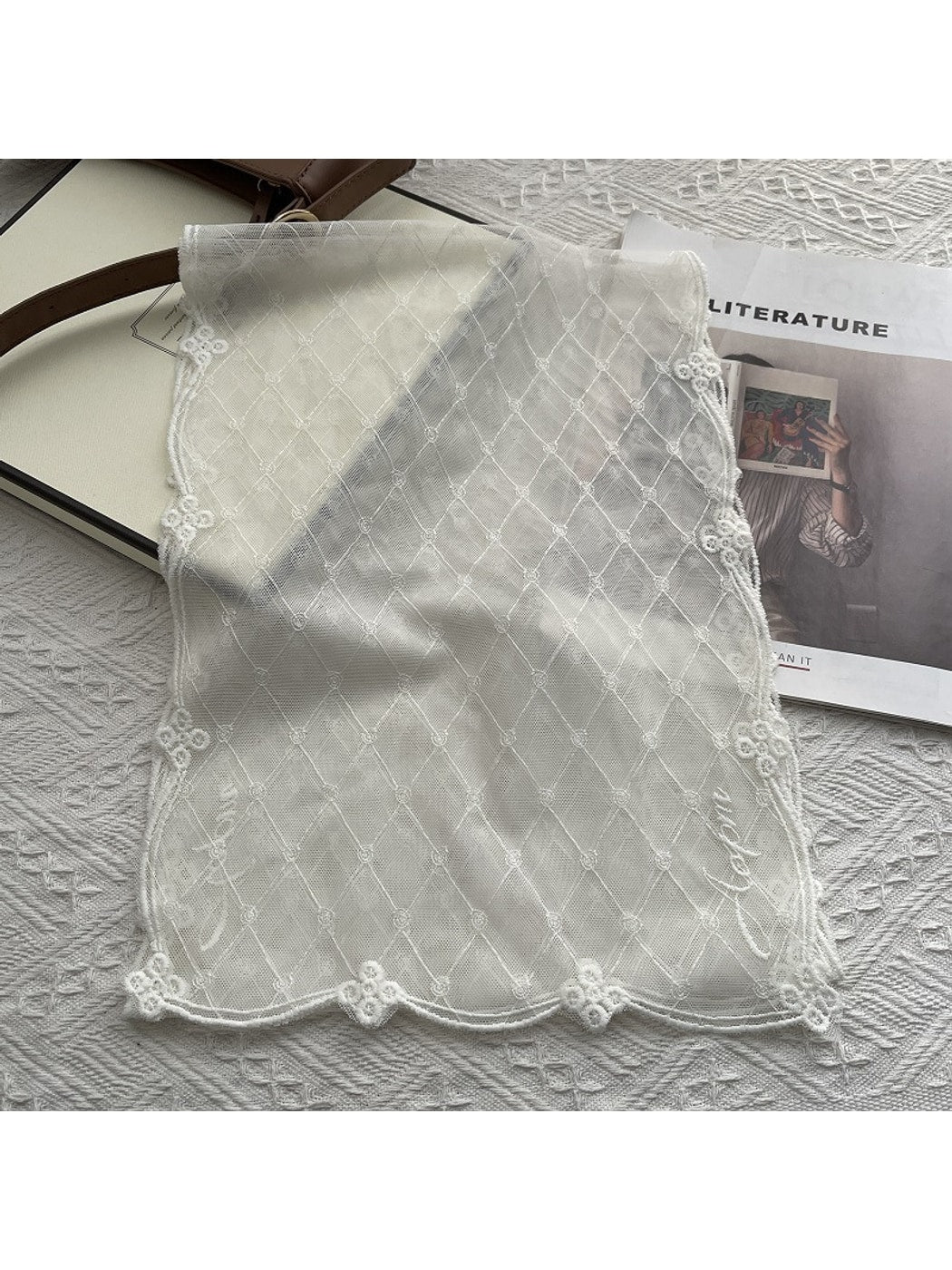 Scarvii - Embroidered Trim Lace Plaid Scarf