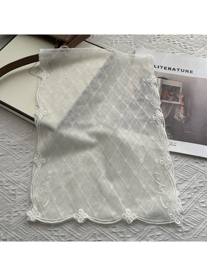 Scarvii - Embroidered Trim Lace Plaid Scarf