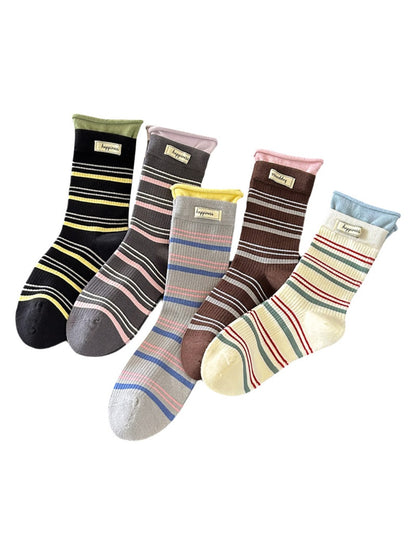 Rufia - Letter Label Striped Casual Mid-Calf Socks