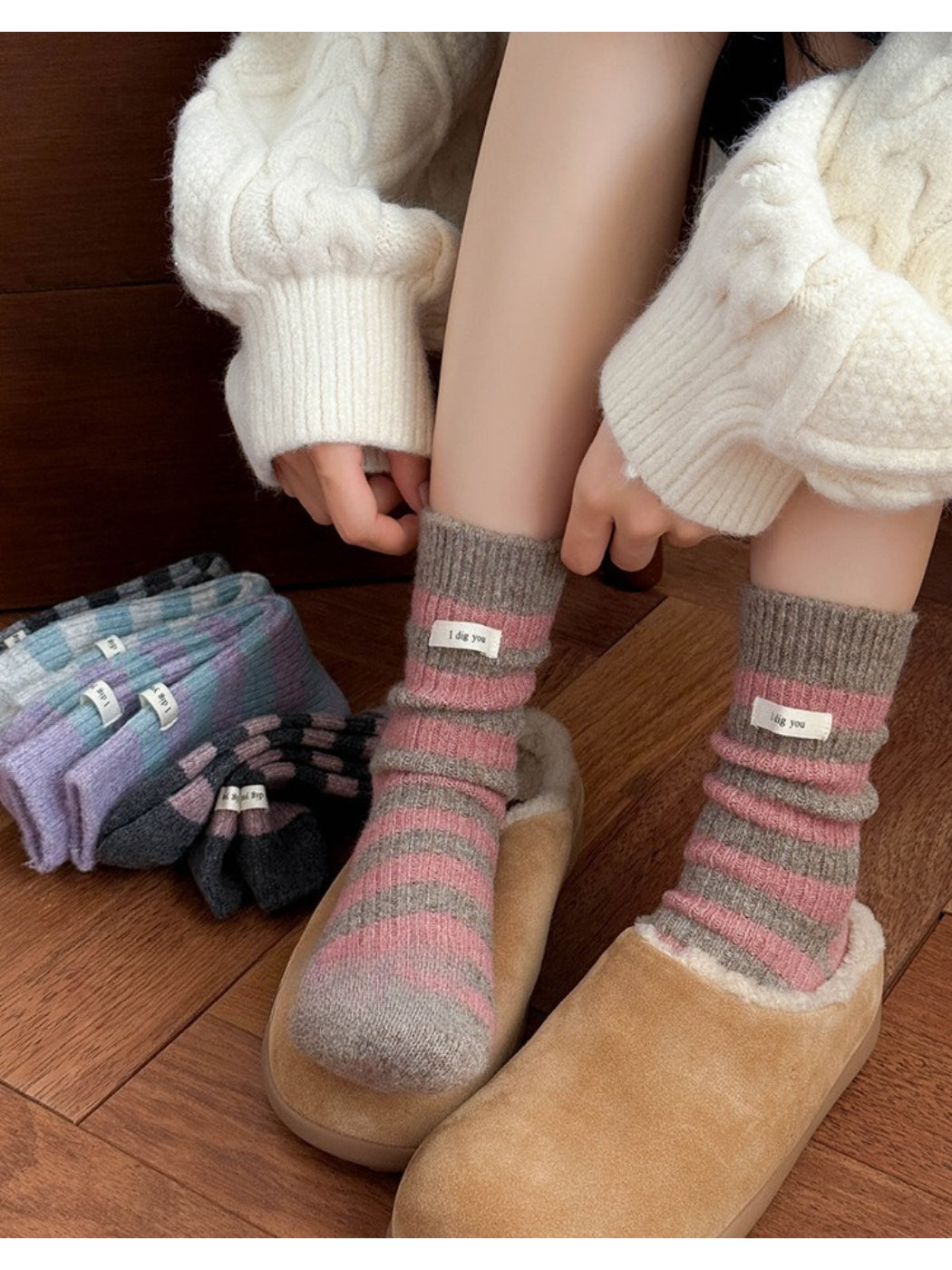 Rufia - Soft Winter Stripe Knit Crew Socks